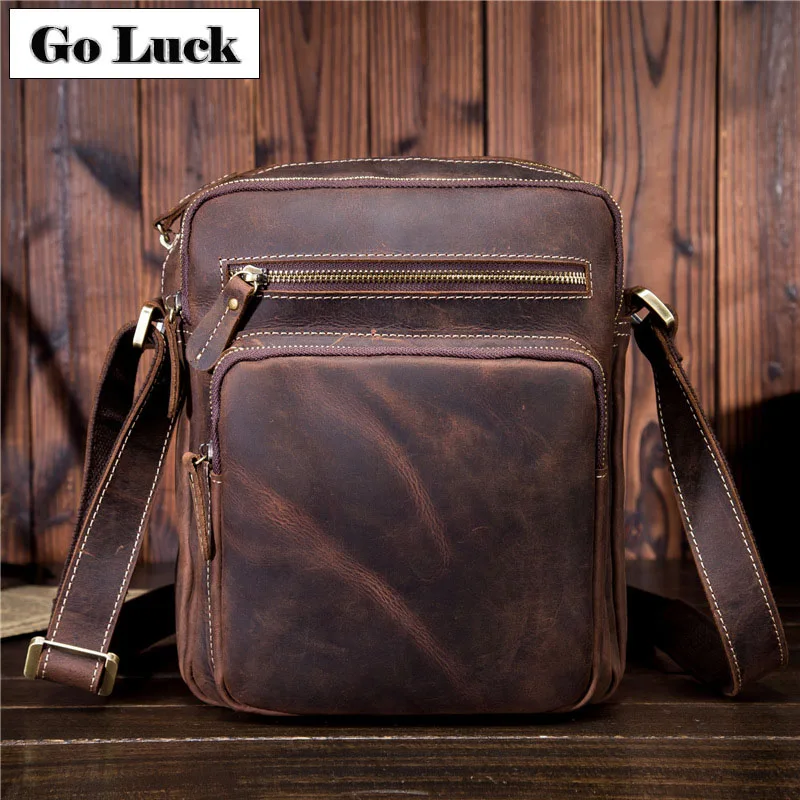 

GO-LUCK Brand Handmade Vintage Crazy Horse Genuine Leather 10' Ipad Pack Men Crossbody Shoulder Bag Men's Cowhide Messenger Bags