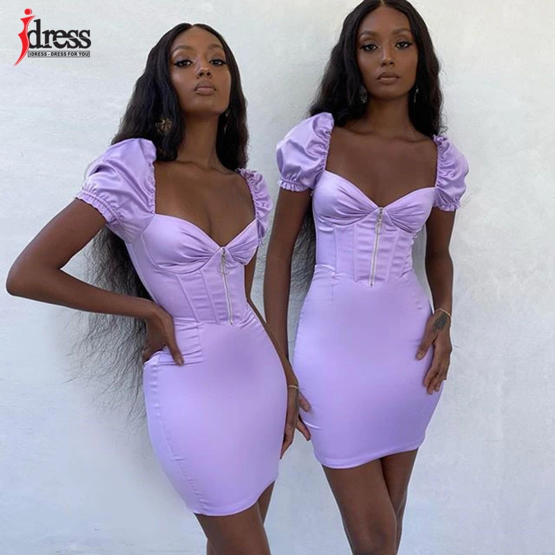 IDress Summer Dress 2021 Women Elegant Satin Mini Bodycon Dress Sexy Solid V-Neck Evening Party Dresses Front Zipper Vestidos (6)