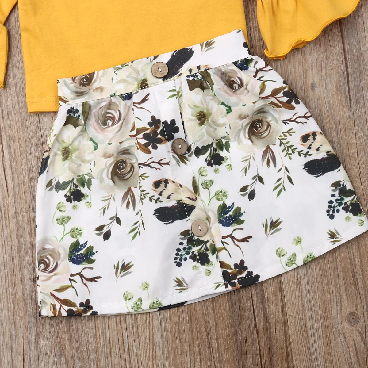 Комплекты одежды для новорожденных и маленьких девочек желтая футболка с расклешенными рукавами топ+ юбка с цветами осенний комплект одежды