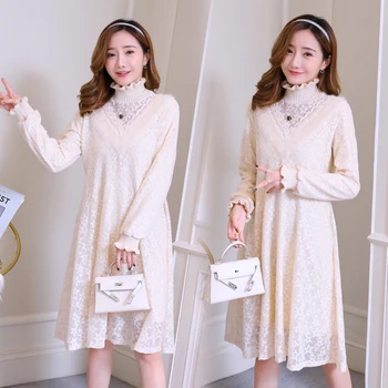 

3065# 2019 Autumn Winter Thick Warm Lace Maternity Party Dress High Neck Slim Clothes for Pregnant Women Cute Elegant Pregnancy