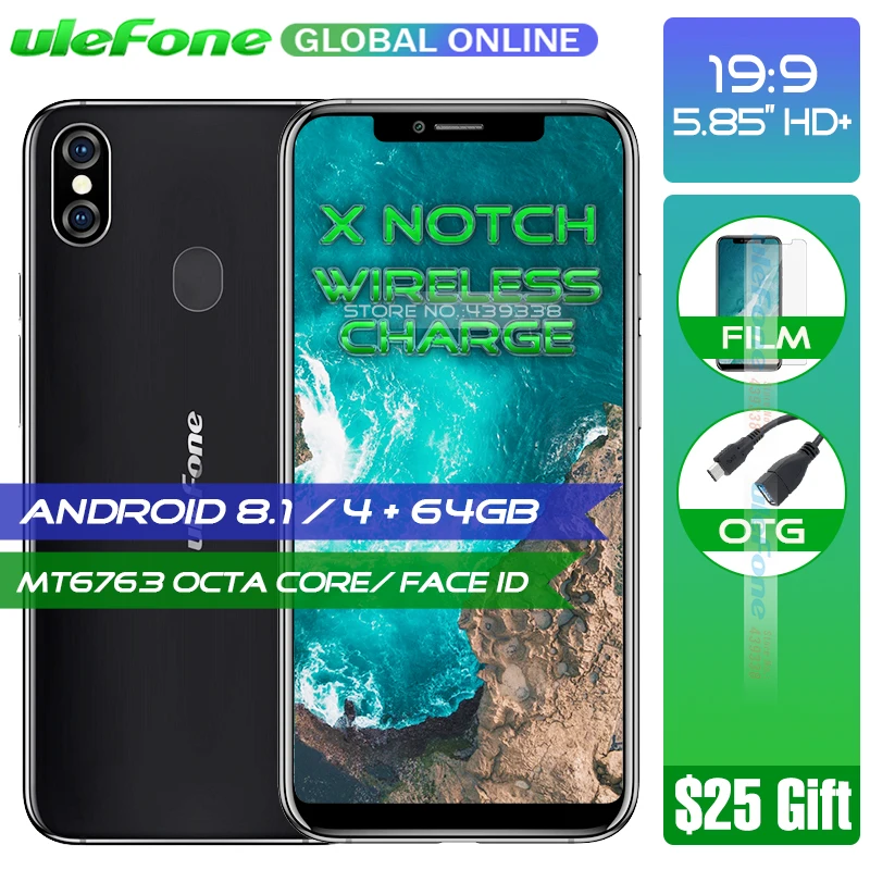 Смартфон Ulefone X 5,8" HD+ MT6763, четыре ядра, Android 8,1, 4 Гб+ 64 ГБ, 16 МП, двойная задняя камера, функция распознавания лица, Беспроводная зарядка, мобильный телефон