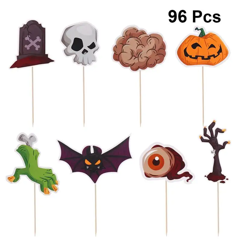 96pcs Cake Decorations Pumpkin Halloween Safe Creative Paper Party Supplies Cupcake Toppers