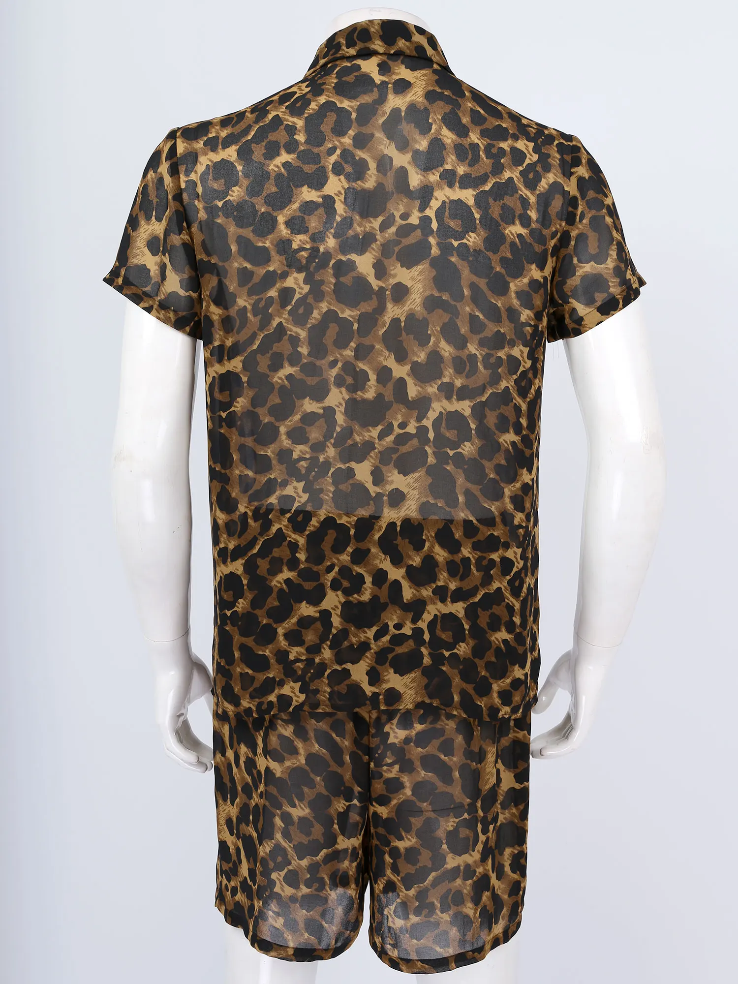 Men Sexy Leopard Print Outfit See-through Turn-down Collar Short Sleeve Shirts Tees Beach Wear Tracksuit Set Sleepwear