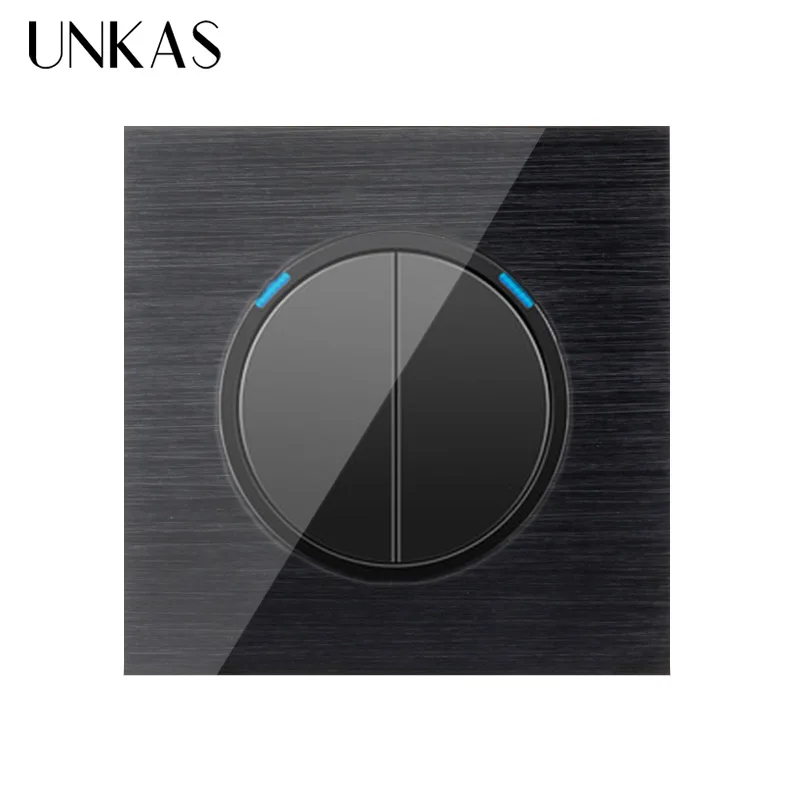 

UNKAS Luxury 2 Gang 1 Way Random Click On / Off Wall Light Switch With LED Indicator Black Aluminum Metal Panel