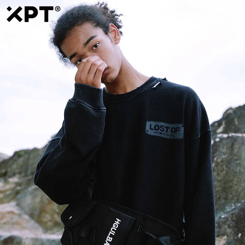 

XPT high street dark funeral hip hop tide brand ins lazy casual printing loose round neck pullover sweater men