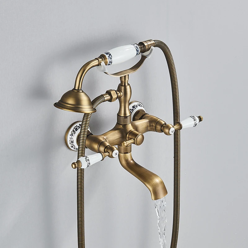 Bathroom Faucet Bathroom Shower Faucet Set Suguword Telephone Shape Bathroom Bathtub Shower Faucet Set Antique Brass Hot and Cold Water Mixer Tap Vintage Style