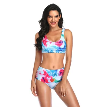

2020 Sexy Two-Piece Suits Women Swimsuit Tie-dye Gradient Blue High Waist Swimwear Woman Swimming Bikini Sets Biquini Bathers