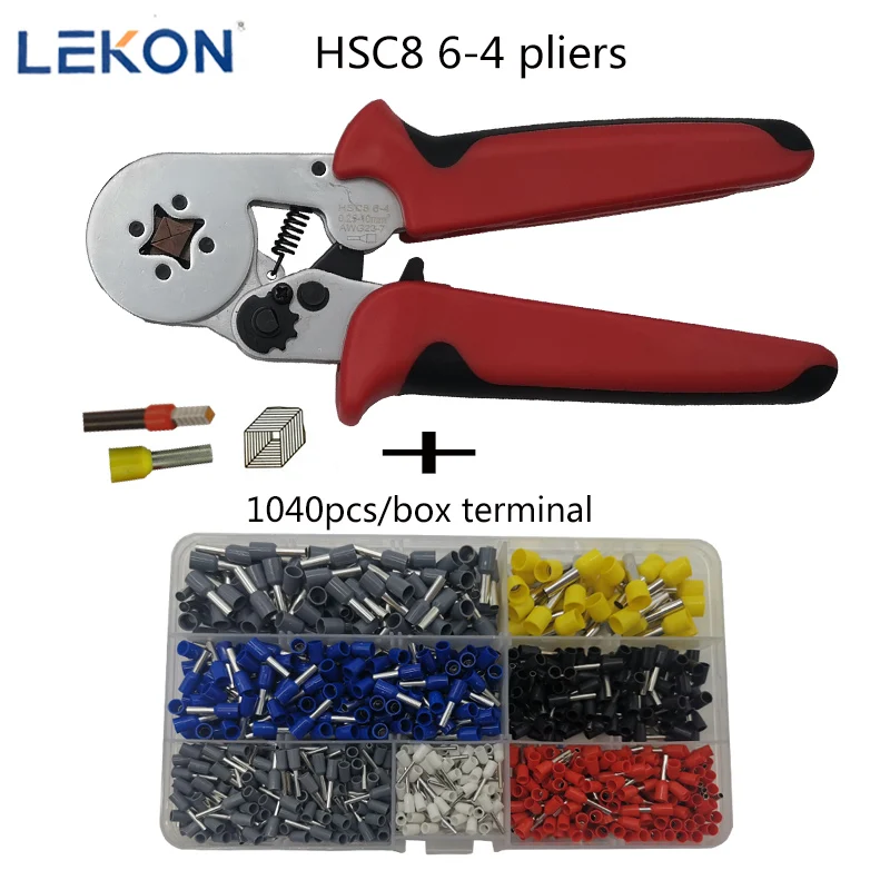 Red Black 1040 HSC8 6-4 Crimping Pliers Crimper Tubular Terminal 0.25-10mm2 Crimper Suit Hand Tools Crimping Tools Terminals Box 0.5-10 Suit - Color: Red Black 1040