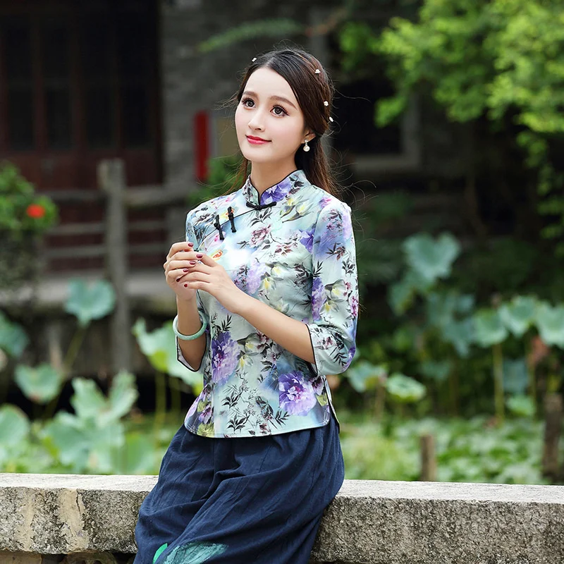 Woman Plus Size Chinese Style Shirts Top Folk Seven-Sleeve Improvement Cheongsam Qipao Tops Cotton Ink Painting Vintage Clothing