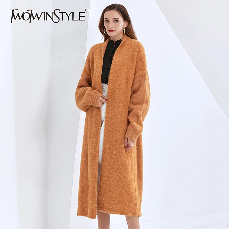 

TWOTWINSTYLE Lantern Long Sleeve For Female Sweater Coat V Neck Loose Warm Women's Casual Knitted Coat 2020 Fashion Autumn New