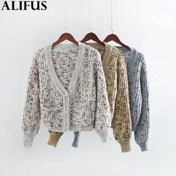 

Fashion Za Women Sweater 2019 Small Fragrance Wind V-Neck Chic Cardigan Long Sleeve Loose Knitting Warm Sweaters Female Ladies