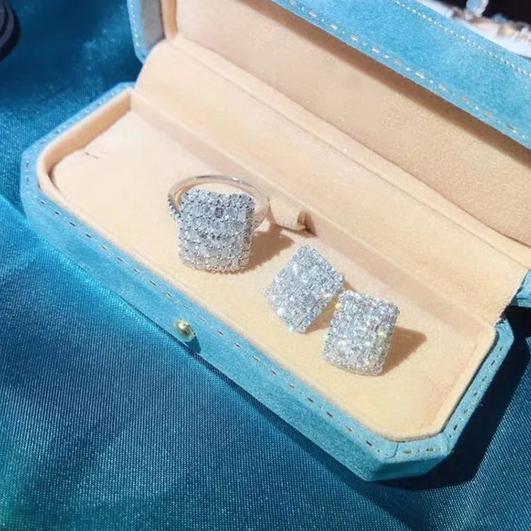 

Luxury Exaggerated Full Diamond Zircon Ring Earrings Set Wedding Jewelry 925 Silver Ring Earrings Attending Party Jewelry