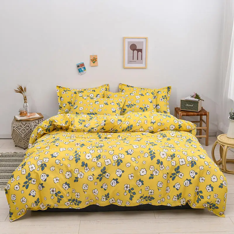 Floral Pattern Bedding Set With Flat Sheet dekbedovertrek Yellow Color