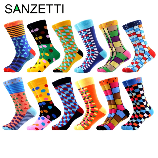 US $8.75 SANZETTI Men's Colorful Combed Cotton Happy Novelty Socks Hip Hop High Quality Skateboard Plaid Geo
