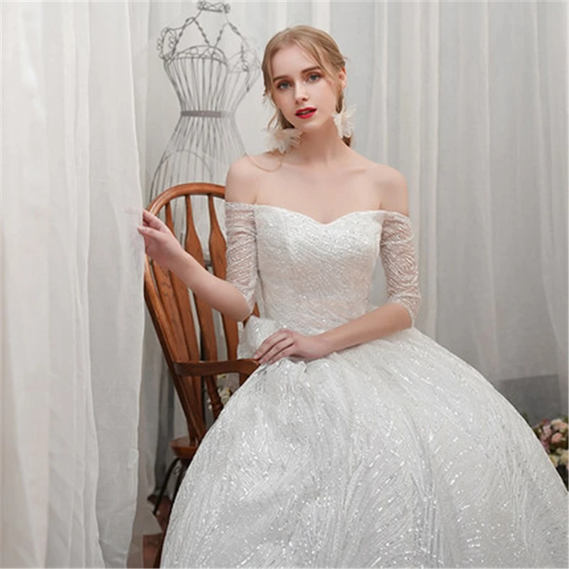 Новое поступление роскошное кружевное свадебное платье с блестками Vestidos De Novia, свадебное платье с вырезом лодочкой, платье принцессы в стиле ретро с открытыми плечами, рукав до локтя, 7