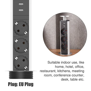 

EU Plug 16A PULL UP 2 meter Power Socket 2 USB Charging Port 3 outlet Kitchen Table Desktop Sockets Retractable Countertops