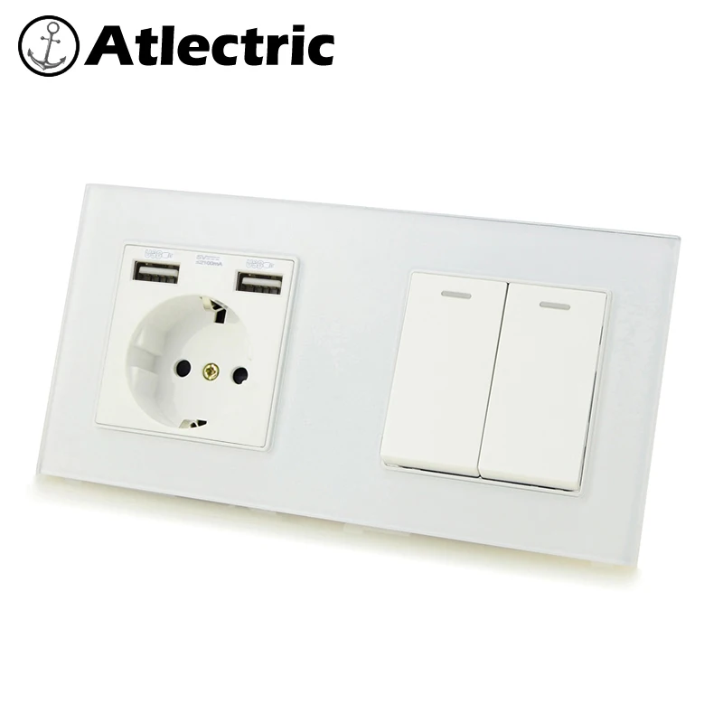 Atlectric DE EU Plug Power Socket Dual USB Port 1 2 3 4 Gang Light Button Switch Wall Socket Double Electrical Glass Outlet