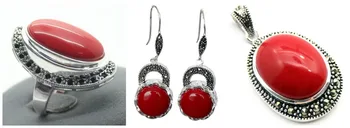

Lady's Red Carved Lacquer Marcasite 925 Sterling Silver Ring(#7-10) Earrings & Pandent jewelry sets