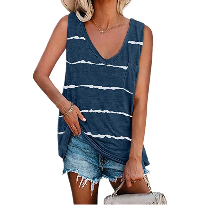 

Fashion Summer Tank Tops Women Stripes Printing Sleeveless Vest Top Female V Neck Casual Loose Tank Vest Tops Ladies New Sun Top
