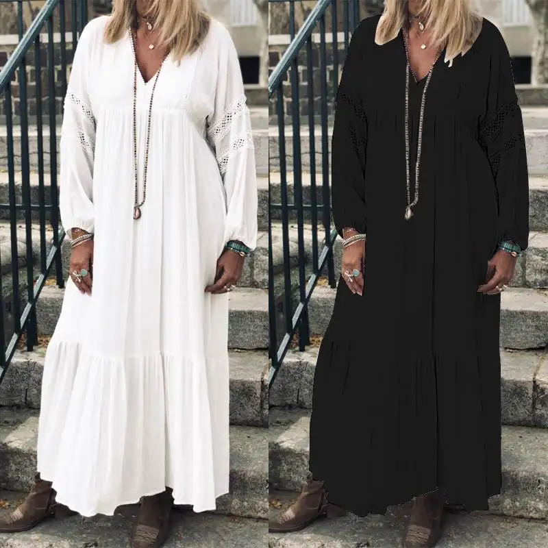 

Bohemian Lace White Maxi Dress Women's Sundress ZANZEA 2019 Summer Hollow Patchwork Long Vestidos Female V Neck Robe Plus Size