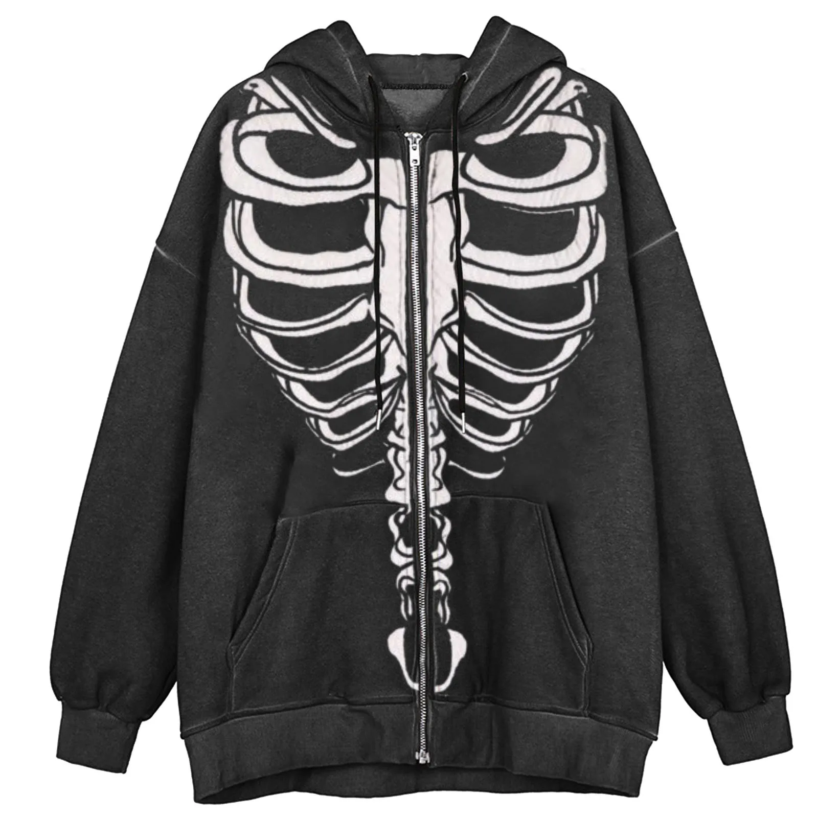 Y2k Rhinestone Skeleton Printed Hoodies Women Zip Up Pocket Sweatshirts Jackets Autumn Oversized Hooded Top Streetwear#fs 1