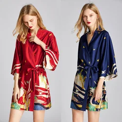 Sexy Women Ice Silk Print Robe V Neck Belted Half Sleeve Sleepwear Satin Dressing Lingerie Gown Bathrobe Home Pajamas