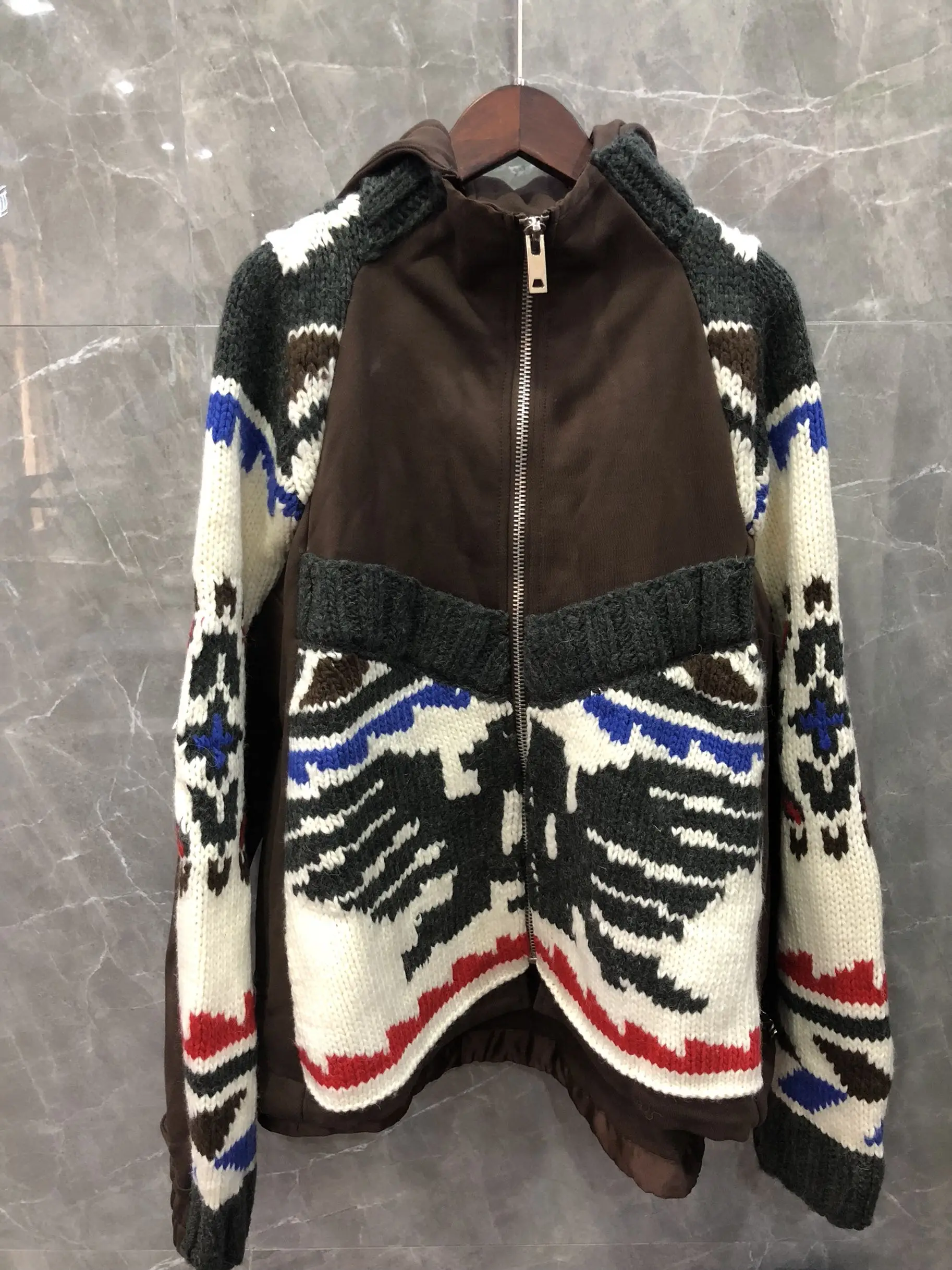 2019FW winner винтажное женское трикотажное лоскутное пальто с капюшоном, куртка, женская повседневная верхняя одежда, пальто, 2 цвета, пачка - Цвет: Коричневый