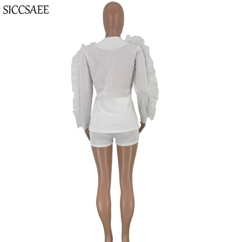Mesh Ruched Ruffles Deep V Neck Blazer And Shorts Sets Elegant Two Piece Set Sexy Conjunto Feminino Short E Blusa Bodysuit Solid