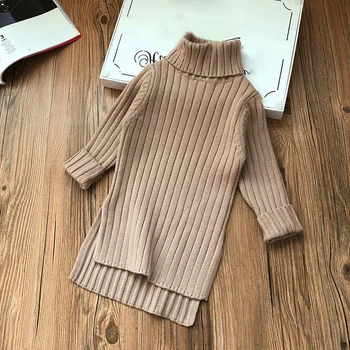

2020 New Spring Girl Long Sleeve Dress Knit High Collar Knitting Sweater Dresses Girl Beige Black Autumn Winter Tops Clothing