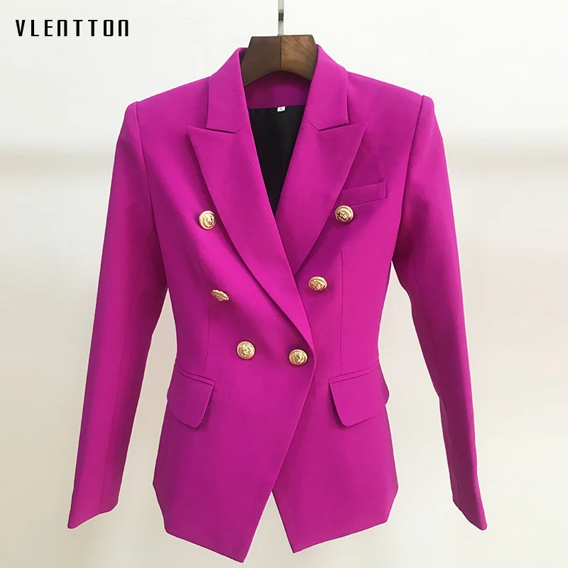 

High Quality 2019 Purple Jacket Blazer Women Lion Buttons Double Breasted Slim Coat Female Outwear Office Lady Blazers Feminino