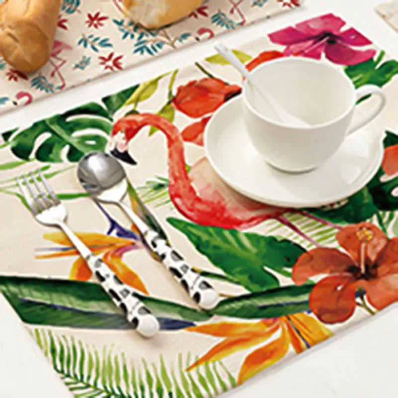 New Flamingo Pattern Cotton And Linen Mat Plant Print Tableware Mat For Wedding Placemat Kitchen Decoration Catering Accessories