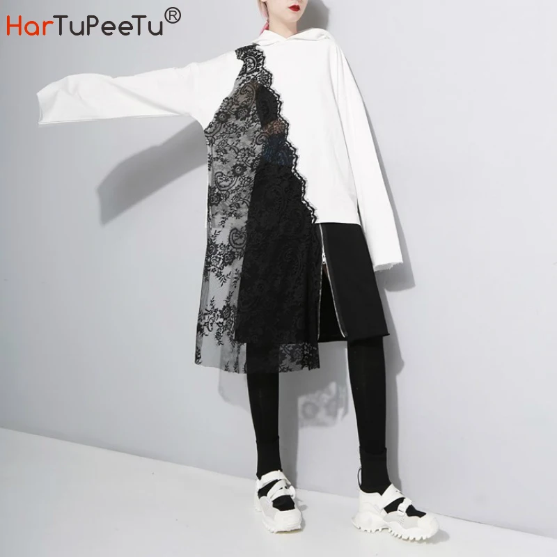 

Oversize Hoodie Women Hooded Pullover Sweatshirts Patchwork Perspective Lace Asymmetrical Solid Long Sleeve Basic Top Streetwear