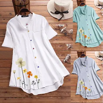 

Women's single-breasted round neck top ladies retro printed short-sleeved casual shirt top