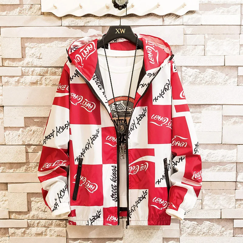 

Men Autumn 2021 Spring Clothing Coat Casual Floral Hooded Long-Sleeved Outdoor Jacket Cool Windbreaker Plus Size Outerwear M-5XL