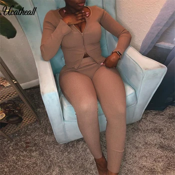 

Two Piece Set Women Club Outfits Ribbed Knitted Suit Long Sleeve Hooded Jacket + Skinny Pants Female Tracksuits Women Set