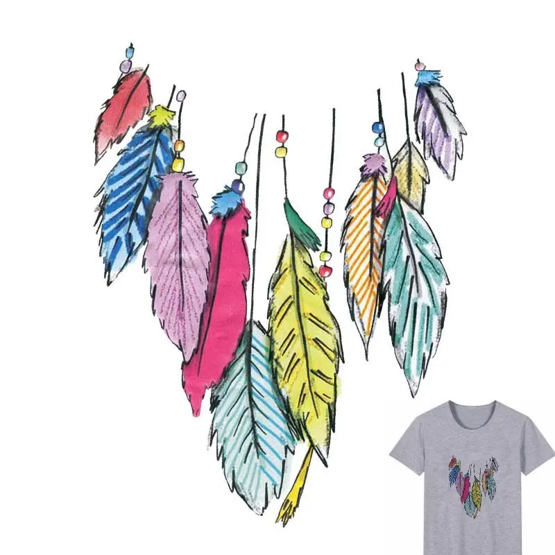 

25x20cm Colorful Feathers Iron On Patches DIY Accessory Heat Transfer Washable Thermal Stickers For Clothes Hoodies Jeans