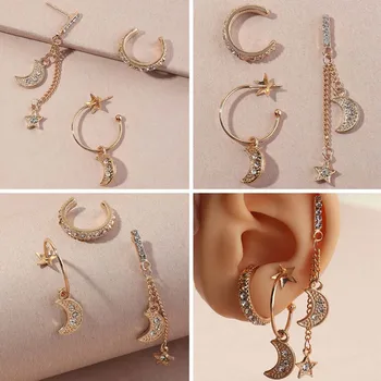 

New Brand Trendy Hot Sale Creative And Simple Diamond-studded Five-pointed Star Moon Earrings And Earrings Set