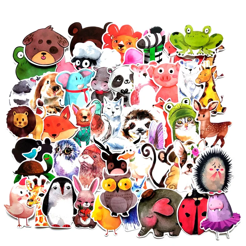 

50PCS Watercolor Animal Sticker Cute Cartoon Educational Toy Stickers Gift For Kids DIY Laptop Suitcase Bicycle Fridge Guitar F3