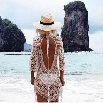 

Summer White Lace Swimwear Cover Ups Women's Tunic Beach Dress Clothing Backless Bathing Suit Crochet Bikini Swimming Beach Wear