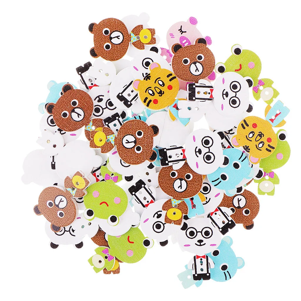 50 Pieces Lovely Cartoon Animal Wood Sewing Buttons 2 Holes For Scrapbook Crafts