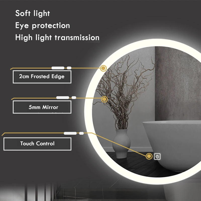 40/50/60CM specchio da bagno rotondo per trucco intelligente regolabile a 3 colori luminoso a LED multifunzione con altoparlante Bluetooth Defogging