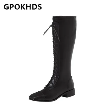 

GPOKHDS 2021 women Knee-High boots Cow leather Winter short plush Square Toe Lace-Up Med heels female boots size 39