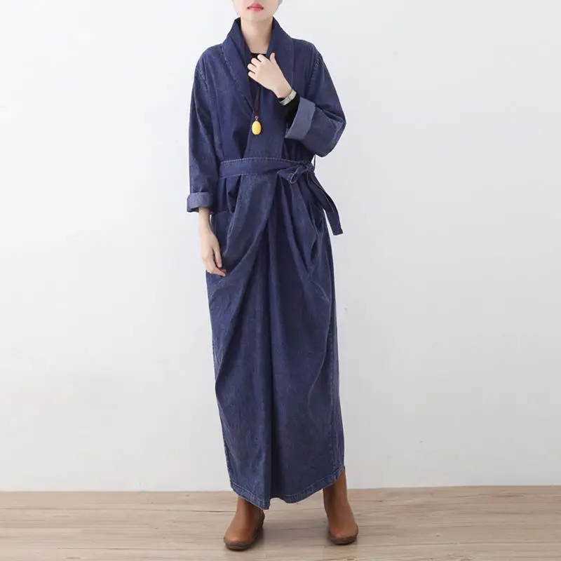 Dark Blue ZANZEA женское джинсовое Длинное Макси платье осень зима длинный рукав vestidos с поясом высокая талия сарафан хлопок разрез подол халат 5XL - Цвет: Dark Blue