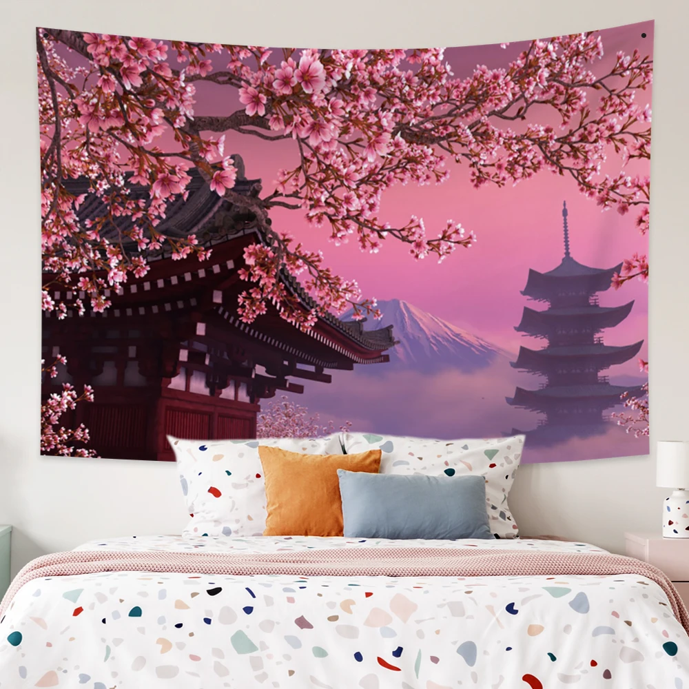 Laeacco Japan Cherry blossoms tapestry pink wall hanging Mount Fuji
