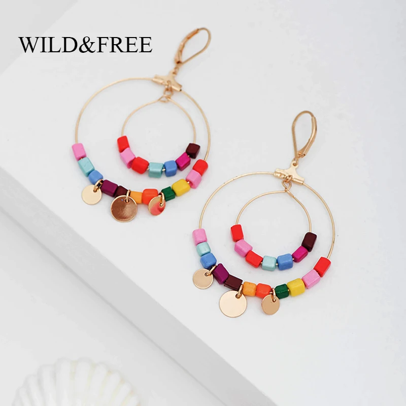 

Wild&Free Ethnic Rainbow Beaded Layered Circle Dangle Earrings For Women Small Gold Disc Pendant Drop Earrings Statement Jewelry