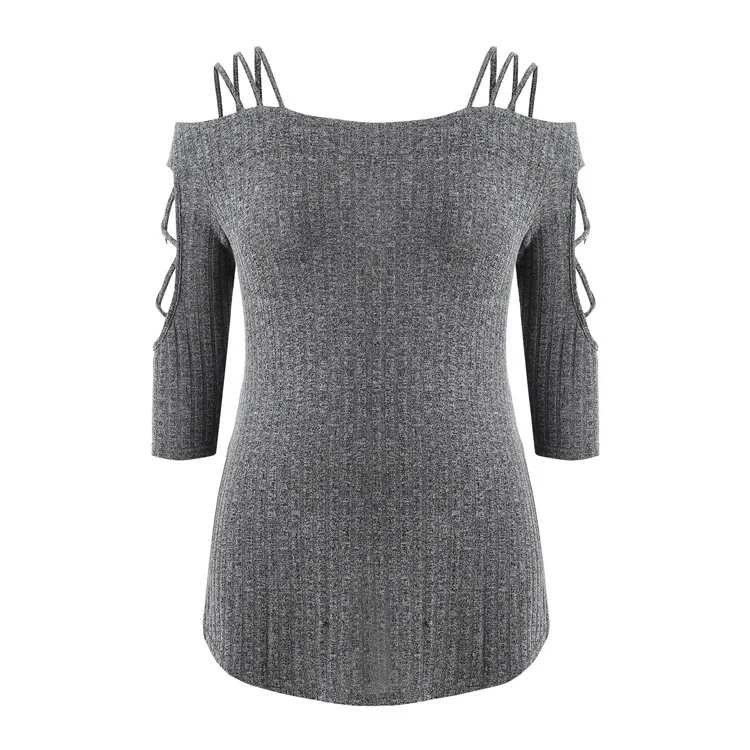 Женский сексуальный свитер, осенний и зимний однотонный Модный пуловер большого размера с вырезом и открытыми плечами, трикотажная одежда - Color: Gray