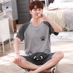 Pajamas Set Male Thin Cotton Short-Sleeved Cute Cartoon Men's Summer Leisure Loose home Clothing Summer Loose Men Sleepwear Top