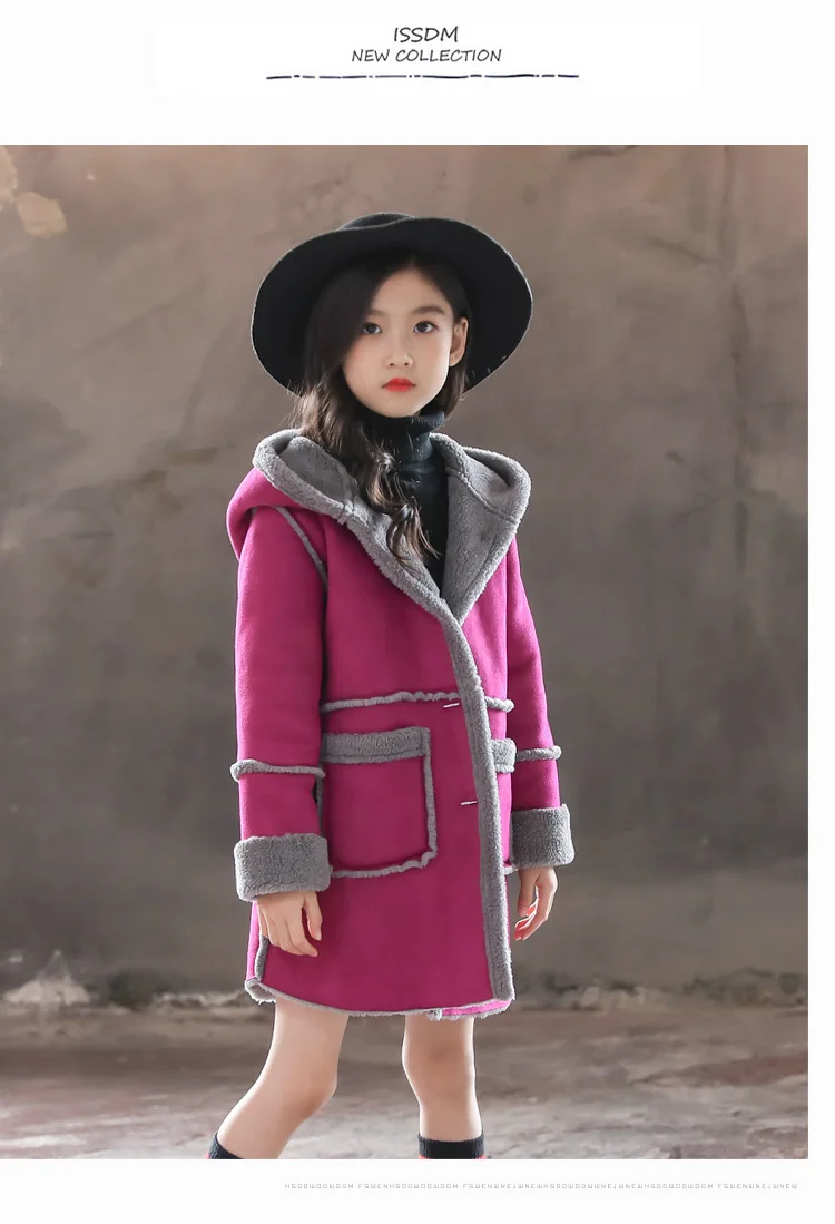 Шерстяное пальто для девочек, детская зимняя теплая куртка с толстой меховой подкладкой, детская модная верхняя одежда с капюшоном, плотная высота