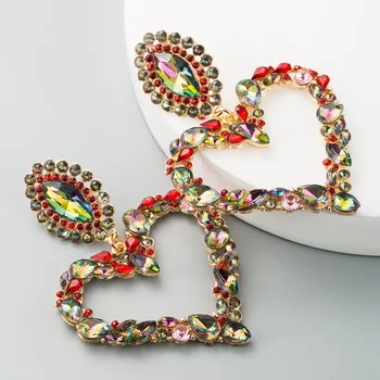 

5 Colors Exaggerated Drop Earrings Jewelry Lady Big Brand Baroque Heart Earrings Inlaid Colorful Rhinestone Dangle Earrings