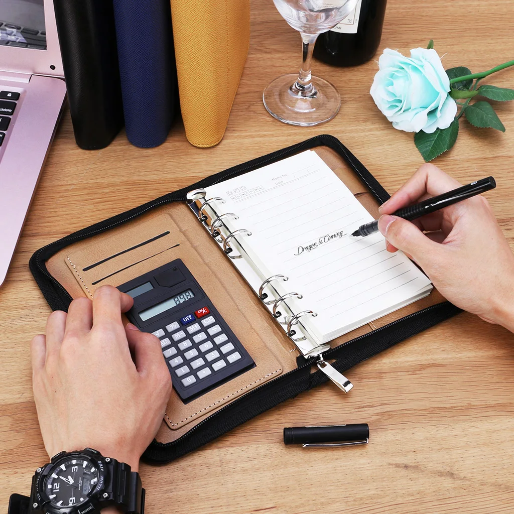 Cher9 PU Leather Cover A6 Zipper Notebook Loose-Leaf Business Notepad with Calculator Document Pouch Bag Removable File Folder 